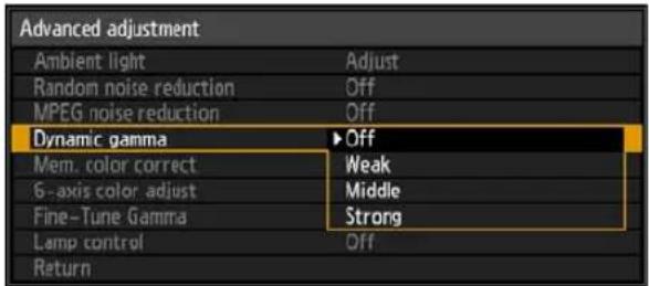 Advanced adjustment Ambient light Adjust Random noise reduction Off MPEG noise reduction Off Dynamic gamma ▶ Off Mem. color correct Weak 6-axis color adjust Middle Fine-Tune Gamma Strong Lamp control Off Return