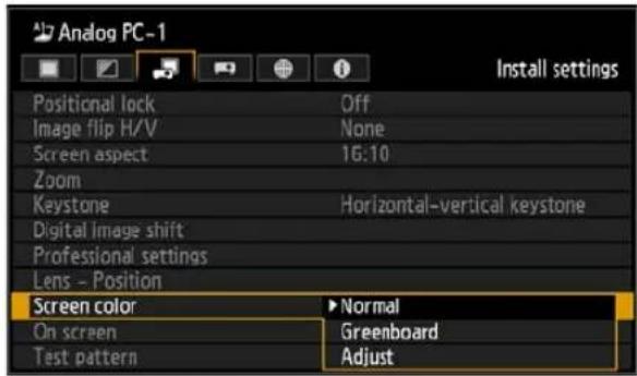 Analog PC-1 Install settings Positional lock Off Image flip H/V None Screen aspect 16:10 Zoom Keystone Horizontal-vertical keystone Digital Image shift Professional settings Lens - Position Screen color Normal On screen Greenboard Test pattern Adjust