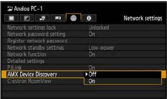 Analog PC-1 Network settings Network settings lock Unlocked Network password setting On Register network password Network standby settings Low-power Network function On Detailed settings PJLink On AMX Device Discovery ▶ Off Crestron RoomView On