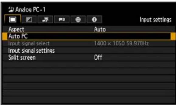 Analog PC-1 Aspect Auto Auto PC Input signal select 1400 x 1050 59.978Hz Input signal settings Split screen Off
