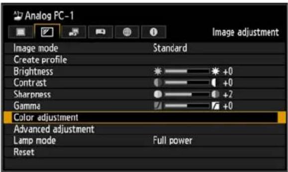 Analog PC-1 Image adjustment Image mode Standard Create profile Brightness +0 Contrast +0 Sharpness +2 Gamma +0 Color adjustment Advanced adjustment Lamp mode Full power Reset
