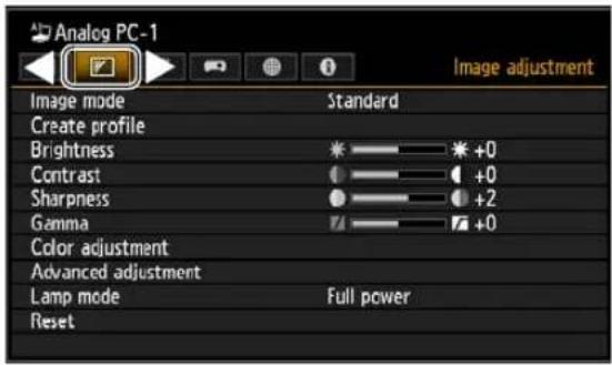 Analog PC-1 Image adjustment Image mode Standard Create profile Brightness * +0 Contrast +0 Sharpness +2 Gamma +0 Color adjustment Advanced adjustment Lamp mode Full power Reset