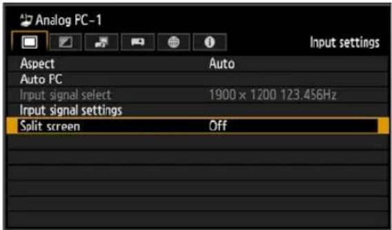 Analog PC-1 Input settings Aspect Auto Auto PC Input signal select 1900 x 1200 123.456Hz Input signal settings Split screen Off
