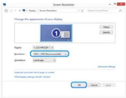 Screen Resolution Change the appearance of your display Delete Identify Diplar: 1. LCD-MY320F-1 Resolution: 1600 x 1000 (Recommended) Orientation: Landscape Advanced settings Make print and other channels or similar What display settings should I choose? OK Cancel Apply