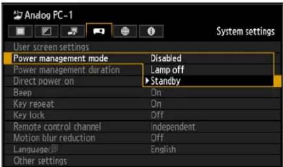 Analog PC-1 User screen settings Power management mode Disabled Power management duration Lamp off Direct power on ►Standby Beep On Key repeat On Key lock Off Remote control channel Independent Motion blur reduction Off Language English Other settings