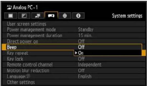 Analog PC-1 User screen settings Power management mode Standby Power management duration 15 min. Direct power on Off Beep Off Key repeat ▶ On Key lock Off Remote control channel Independent Motion blur reduction Off Language English Other settings System settings