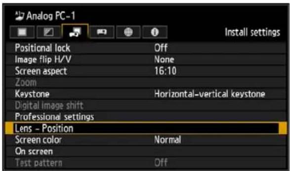 Analog PC-1 Positional lock Off Image flip H/V None Screen aspect 16:10 Zoom Keystone Horizontal-vertical keystone Digital Image shift Professional settings Lens - Position Screen color Normal On screen Test pattern Off