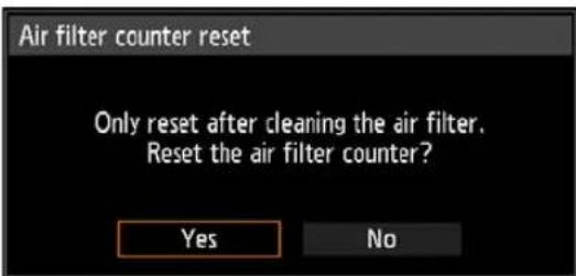 Air filter counter reset Only reset after cleaning the air filter. Reset the air filter counter? Yes No
