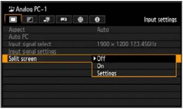 Analog PC-1 Input settings Aspect Auto Auto PC Input signal select 1900 × 1200 123.456Hz Input signal settings Split screen Off On Settings