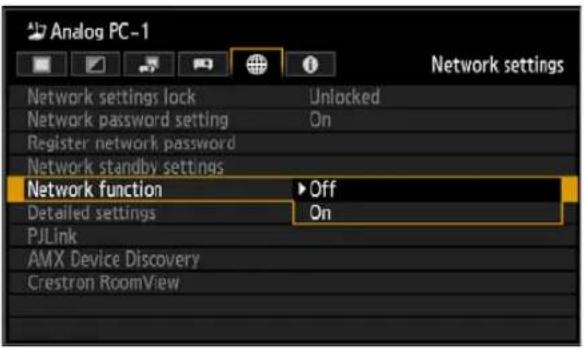Analog PC-1 Network settings Network settings lock Unlocked Network password setting On Register network password Network standby settings Network function ▶ Off Detailed settings On PJLink AMX Device Discovery Crestron RoomView