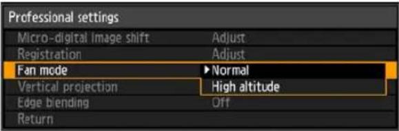 Professional settings Micro-digital Image shift Adjust Registration Adjust Fan mode ► Normal Vertical projection High altitude Edge blending Off Return