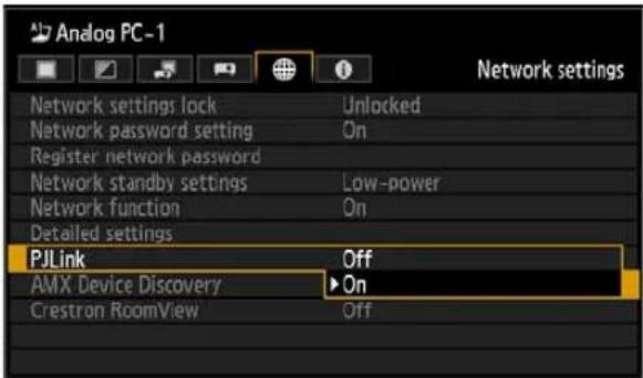 Analog PC-1 Network settings Network settings lock Unlocked Network password setting On Register network password Network standby settings Low-power Network function On Detailed settings PJLink Off AMX Device Discovery ▶ On Crestron RoomView Off