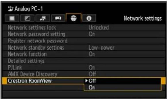 Analog PC-1 Network settings Network settings lock Unlocked Network password setting On Register network password Network standby settings Low-power Network function On Detailed settings PJLink On AMX Device Discovery Off Crestron RoomView ▶ Off On