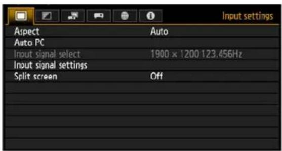 Input settings Aspect Auto Auto PC Input signal select 1900 x 1200 123.456Hz Input signal settings Split screen Off