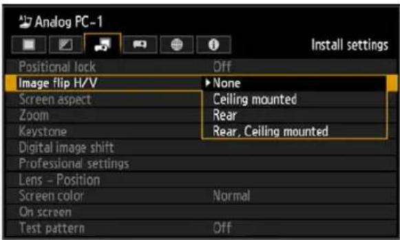 Analog PC-1 Install settings Positional lock Off Image flip H/V None Screen aspect Ceiling mounted Zoom Rear Keystone Rear, Ceiling mounted Digital image shift Professional settings Lens - Position Screen color Normal On screen Test pattern Off