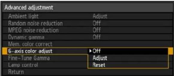 Advanced adjustment Ambient light Adjust Random noise reduction Off MPEG noise reduction Off Dynamic gamma Off Mem. color correct 6-axis color adjust ▶ Off Fine-Tune Gamma Adjust Lamp control Reset Return