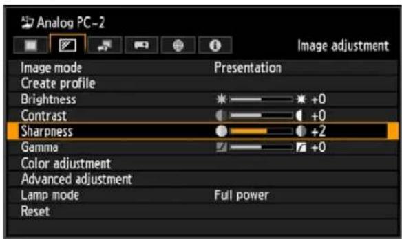 Analog PC-2 Image adjustment Image mode Presentation Create profile Brightness +0 Contrast +0 Sharpness +2 Gamma +0 Color adjustment Advanced adjustment Lamp mode Full power Reset