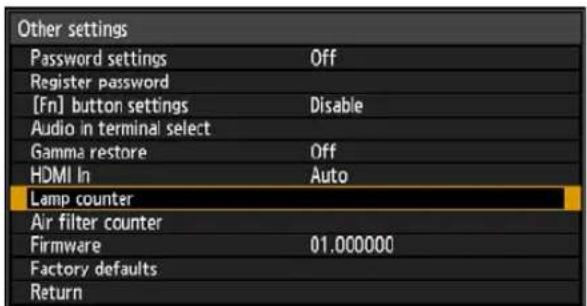 Other settings Password settings Off Register password [Fn] button settings Disable Audio in terminal select Gamma restore Off HDMI In Auto Lamp counter Air filter counter Firmware 01.000000 Factory defaults Return