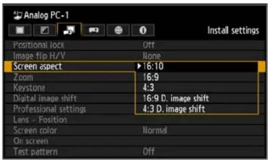 Analog PC-1 Positional lock Off Image flip H/V None Screen aspect 16:10 Zoom 16:9 Keystone 4:3 Digital image shift 16:9 D. image shift Professional settings 4:3 D. image shift Lens - Position Screen color Normal On screen Test pattern Off