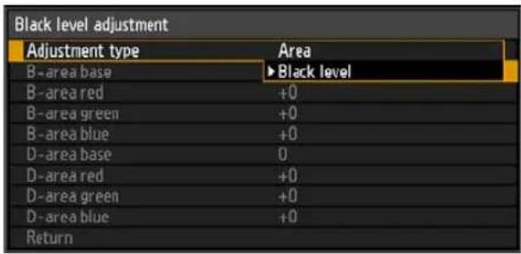 Black level adjustment Adjustment type Area B-area base ▶ Black level B-area red +0 B-area green +0 B-area blue +0 D-area base 0 D-area red +0 D-area green +0 D-area blue +0 Return