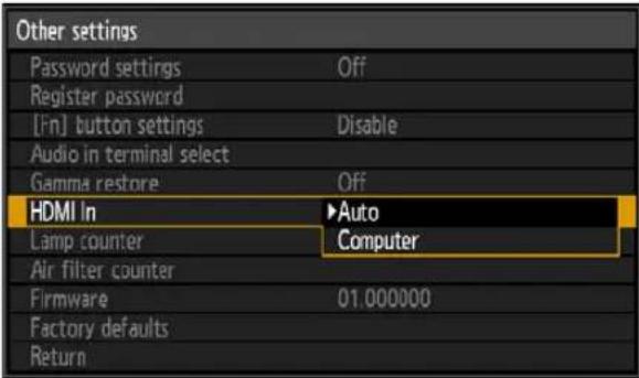Other settings Password settings Off Register password [Fin] button settings Disable Audio in terminal select Gamma restore Off HDMI In ▶Auto Lamp counter Computer Air filter counter Firmware 01.000000 Factory defaults Return