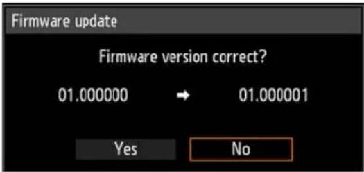 Firmware update Firmware version correct? 01.000000 → 01.000001 Yes No