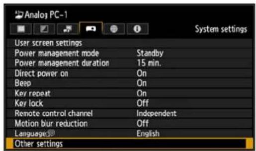 Analog PC-1 User screen settings Power management mode Standby Power management duration 15 min. Direct power on On Beep On Key repeat On Key lock Off Remote control channel Independent Motion blur reduction Off Language English Other settings