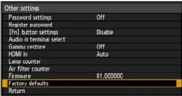 Other settings Password settings Off Register password [Fn] button settings Disable Audio in terminal select Gamma restore Off HDMI In Auto Lamp counter Air filter counter Firmware 01.000000 Factory defaults Return