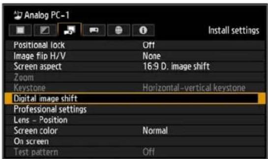 Analog PC-1 Positional lock Off Image flip H/V None Screen aspect 16:9 D. image shift Zoom Keystone Horizontal-vertical keystone Digital image shift Professional settings Lens - Position Screen color Normal On screen Test pattern Off