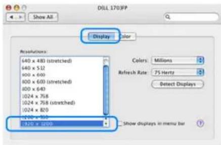 DILL 170JFP Show All Display Color Resolutions: 640 x 480 (stretched) 640 x 512 600 x 600 600 x 600 (stretched) 600 x 640 1024 x 758 1024 x 758 (stretched) 1024 x 820 1300 x 950 1300 x 1000 Colors: Millions Refresh Rate: 75 Hertz Detect Displays Show displays in menu bar