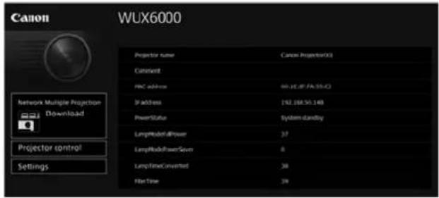 Canon WUX6000 Network Multiple Projection Download Projector control Settings Projector name Cancel Projector(03) Current I/O address 48.2E-0F/FA-55-02 IP address 192.168.50.148 PowerStatus System standby LampMode/Power 37 LampModePowerSet 8 LampTime/Converted 38 File Time 34