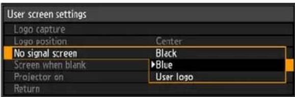 User screen settings Logo capture Logo position Center No signal screen Black Screen when blank ►Blue Projector on User logo Return