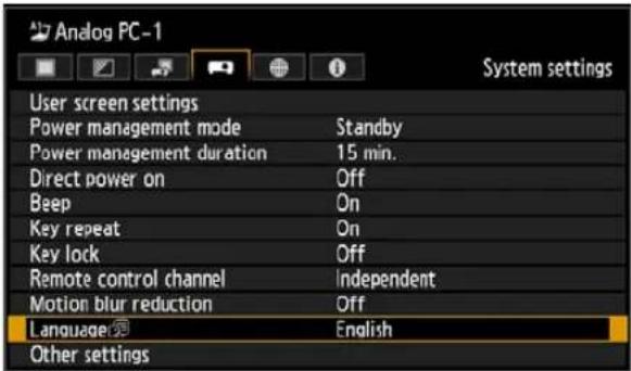 Analog PC-1 User screen settings Power management mode Standby Power management duration 15 min. Direct power on Off Beep On Key repeat On Key lock Off Remote control channel Independent Motion blur reduction Off Language English Other settings System settings
