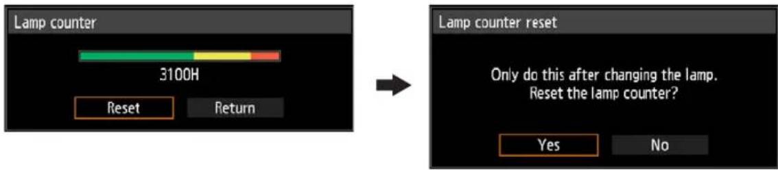 Lamp counter 3100H Reset Return Lamp counter reset Only do this after changing the lamp. Reset the lamp counter? Yes No