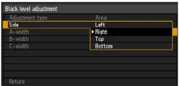 Black level adjustment Adjustment type Area Side Left A-width ►Right B-width Top C-width Bottom Return