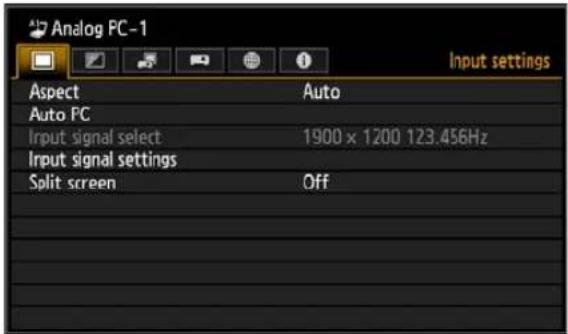 Analog FC-1 Input settings Aspect Auto Auto FC Input signal select 1900 x 1200 123.456Hz Input signal settings Split screen Off