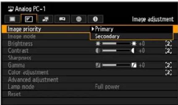 Analog PC-1 Image adjustment Image priority Primary Image mode Secondary Brightness +0 2 Contrast +0 2 Sharpness Gamma +0 2 Color adjustment 2 Advanced adjustment Lamp mode Full power Reset