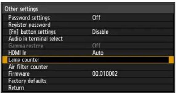 Other settings Password settings Off Register password [Fn] button settings Disable Audio in terminal select Gamma restore Off HDMI In Auto Lamp counter Air filter counter Firmware 00.010002 Factory defaults Return
