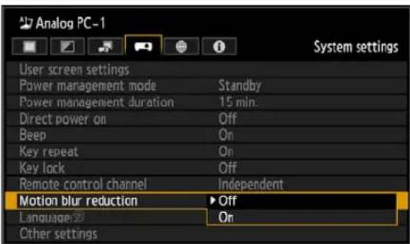 Analog PC-1 User screen settings Power management mode Standby Power management duration 15 min. Direct power on Off Beep On Key repeat On Key lock Off Remote control channel Independent Motion blur reduction ▶ Off Language On Other settings