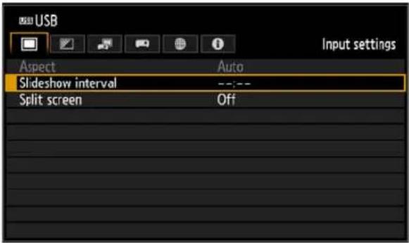 USB Input settings Aspect Auto Slideshow interval ---- Split screen Off