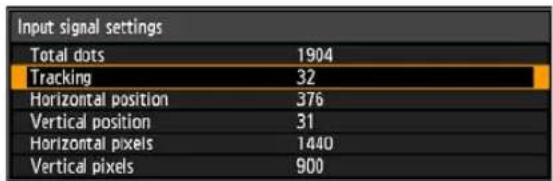 Input signal settings Total dots 1904 Tracking 32 Horizontal position 376 Vertical position 31 Horizontal pixels 1440 Vertical pixels 900