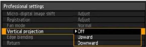 Professional settings Micro-digital image shift Adjust Registration Adjust Fan mode Normal Vertical projection ▶Off Edge blending Upward Return Downward