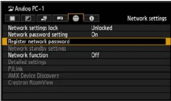 Analog PC-1 Network settings Network settings lock Unlocked Network password setting On Register network password Network standby settings Network function Off Detailed settings PJLink AMX Device Discovery Crestron RoomView