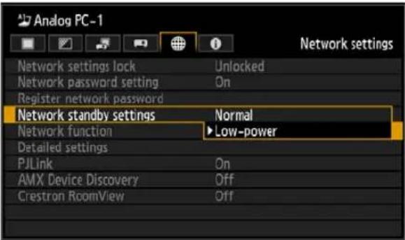 Analog PC-1 Network settings Network settings lock Unlocked Network password setting On Register network password Network standby settings Normal Network function ▶Low-power Detailed settings PJLink On AMX Device Discovery Off Crestron RoomView Off