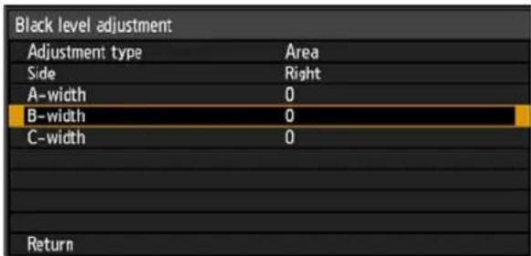 Black level adjustment Adjustment type Area Side Right A-width 0 B-width 0 C-width 0 Return