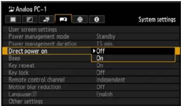 Analog PC-1 User screen settings Power management mode Standby Power management duration 15 min. Direct power on ▶Off Beep On Key repeat On Key lock Off Remote control channel Independent Motion blur reduction Off Language English Other settings
