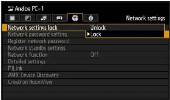 Analog PC-1 Network settings Network settings lock Unlock Network password setting Lock Register network password Network standby settings Network function Off Detailed settings PJLink AMX Device Discovery Crestron RoomView
