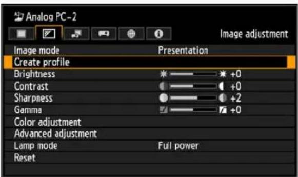 Analog PC-2 Image adjustment Image mode Presentation Create profile Brightness +0 Contrast +0 Sharpness +2 Gamma +0 Color adjustment Advanced adjustment Lamp mode Full power Reset