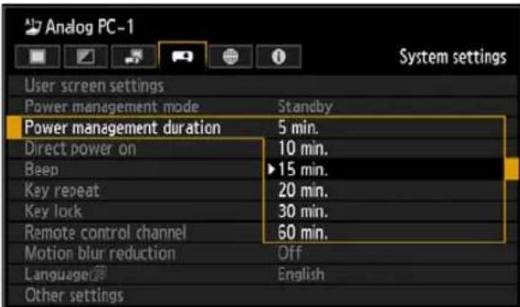 Analog PC-1 User screen settings Power management mode Standby Power management duration 5 min. Direct power on 10 min. Beep ▶15 min. Key repeat 20 min. Key lock 30 min. Remote control channel 60 min. Motion blur reduction Off Language English Other settings