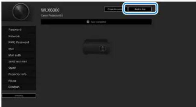 WUX6000 Cause Projector01 Projectors Add to top Password Network NWP Password Mail Mail auth Send test mail SNRP Projector info. PLink Crestron Save completed